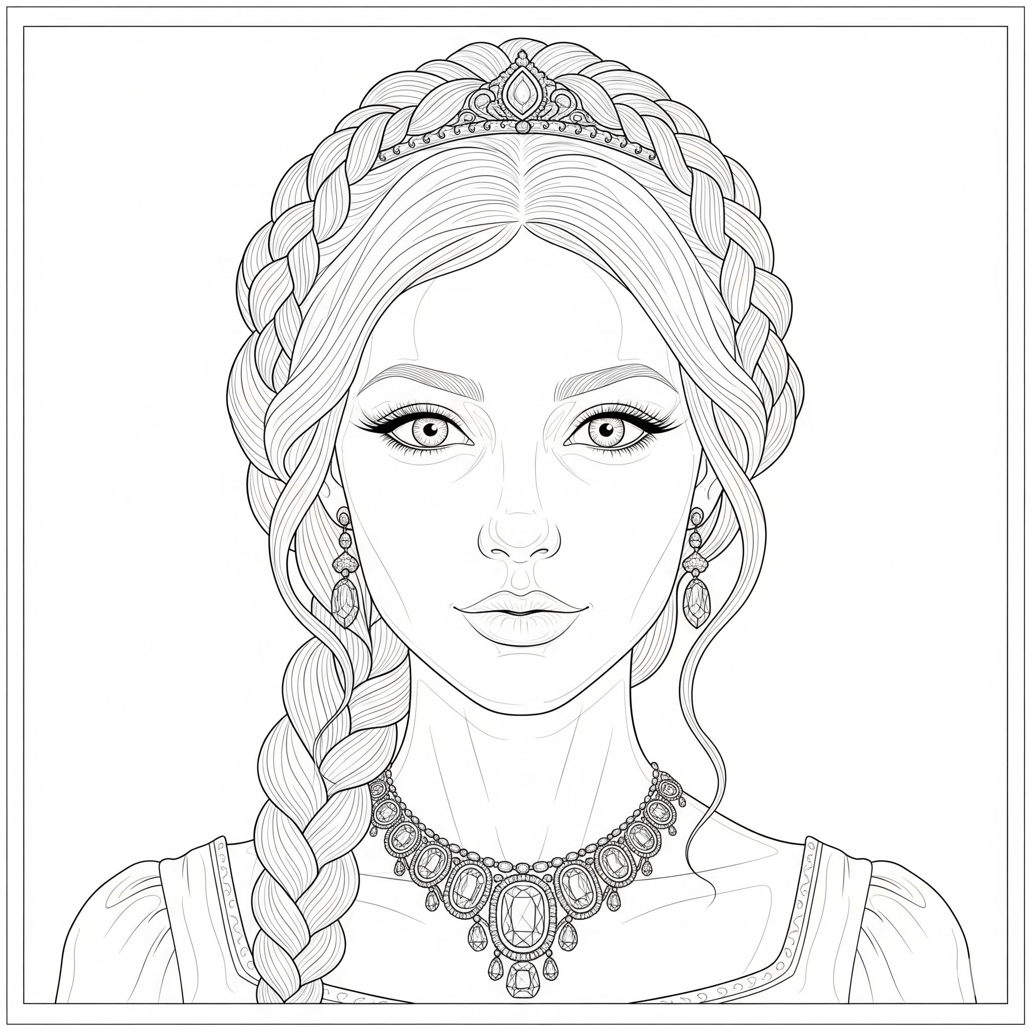 Retrato detallado de una princesa con collar y peinado complejo