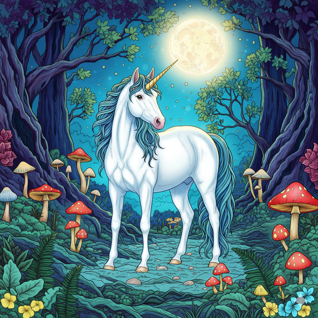 Unicornio coloreado con efectos de luz en un bosque nocturno