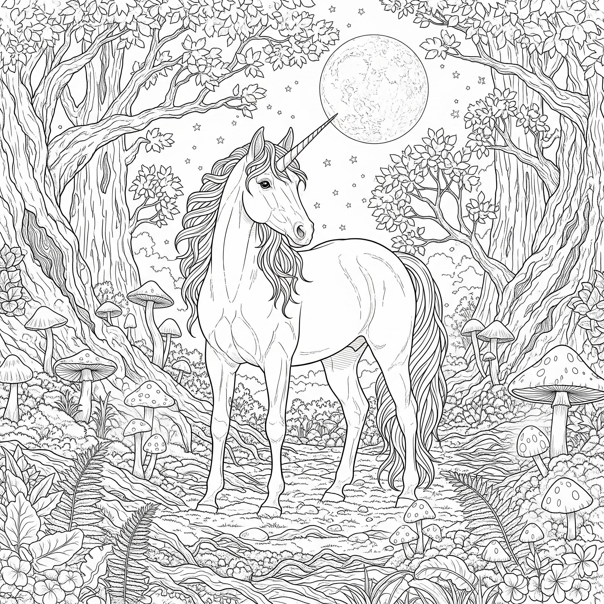 Unicornio realista en un bosque detallado con flores y arroyo