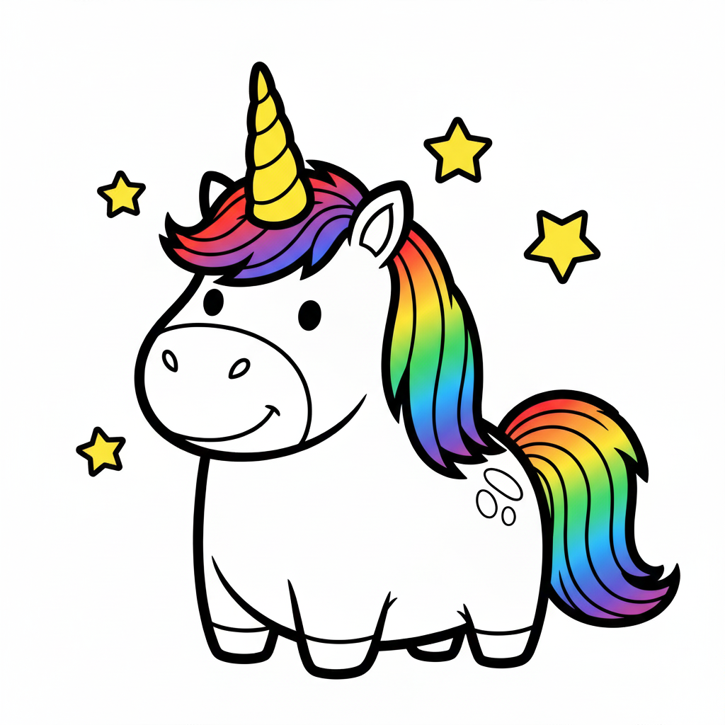 Unicornio blanco coloreado con crin y cola de arcoíris