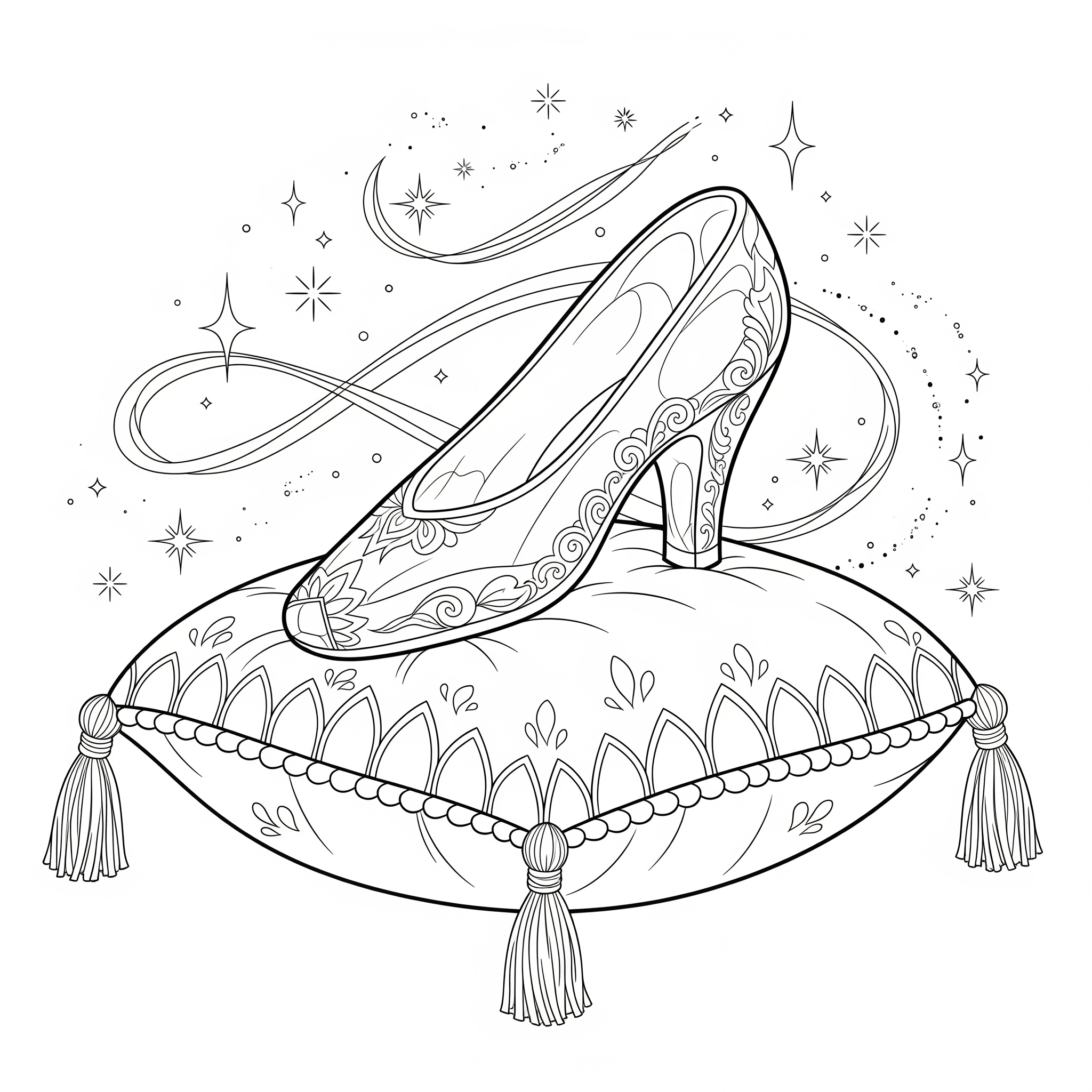 Zapatilla de cristal sobre un cojín, con destellos, para colorear