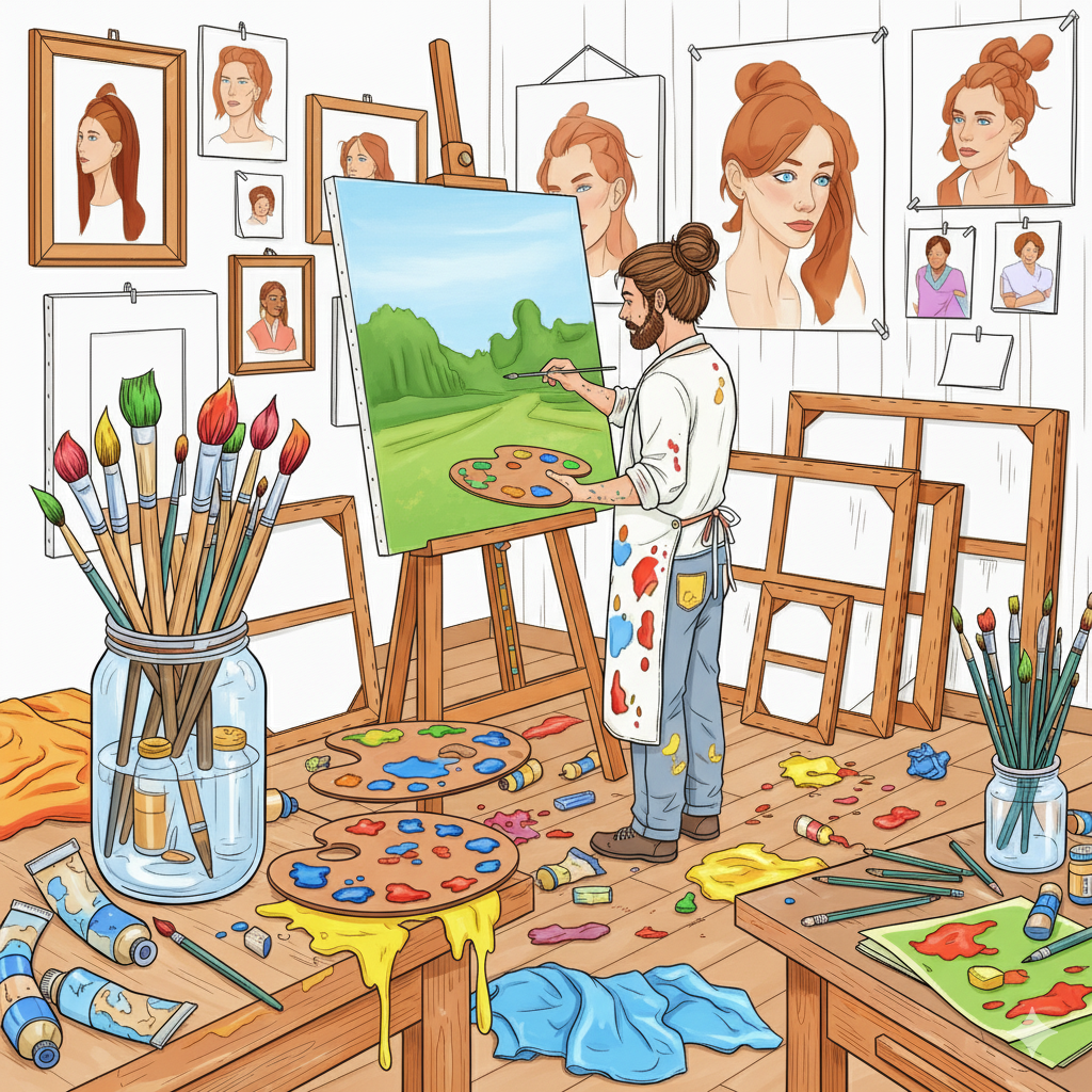 Estudio de artista coloreado con manchas de pintura de muchos colores