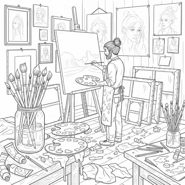 Artist painting in a messy studio full of art supplies