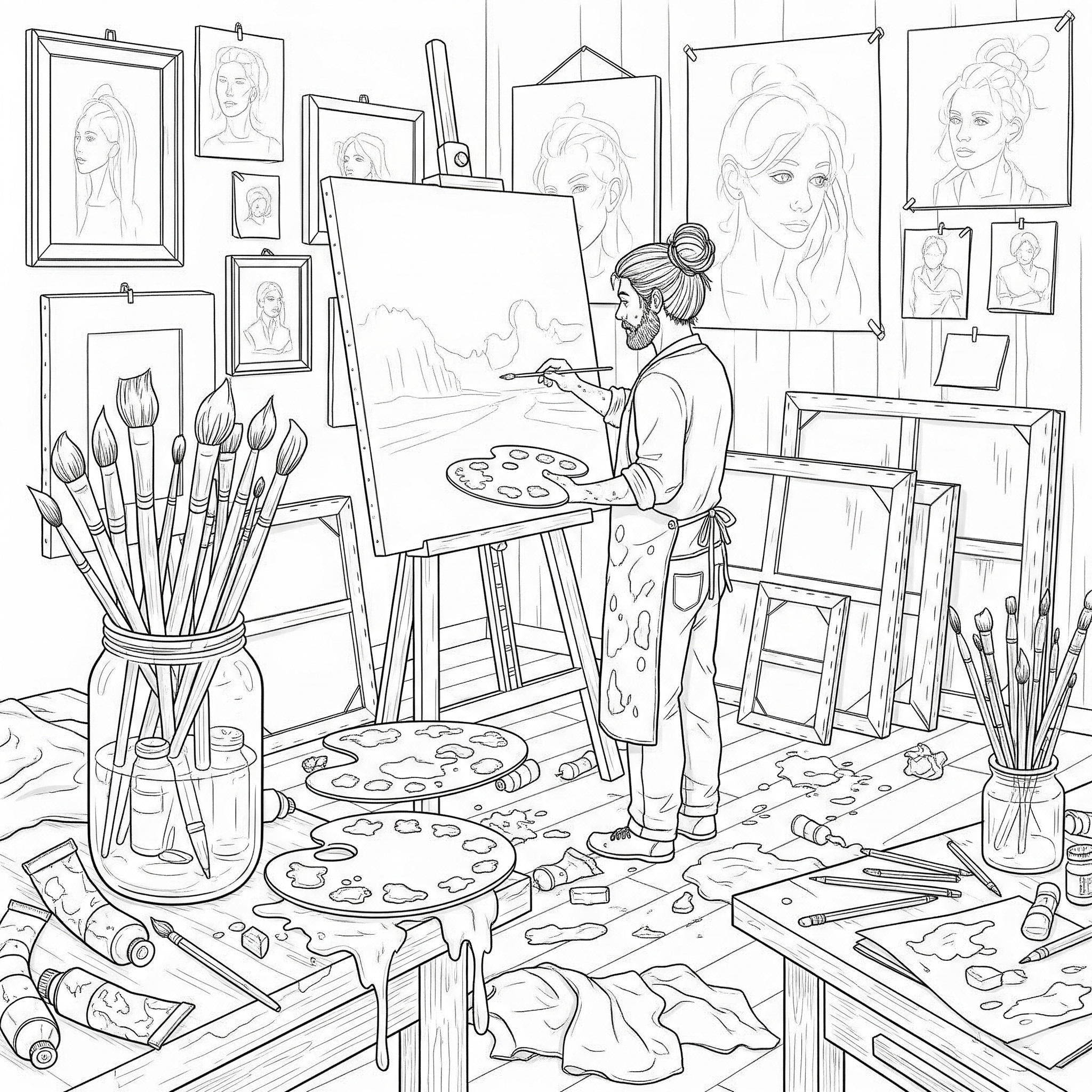 Artista pintando en un estudio desordenado y lleno de materiales de arte