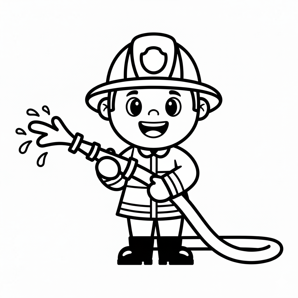 Bombero de caricatura con casco y manguera, contornos gruesos