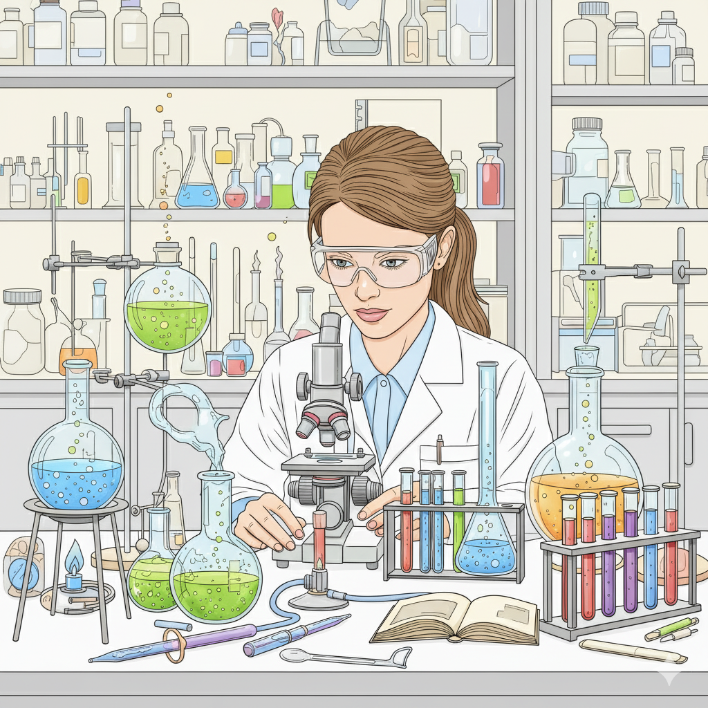 Científica coloreada con líquidos de colores en los tubos de ensayo