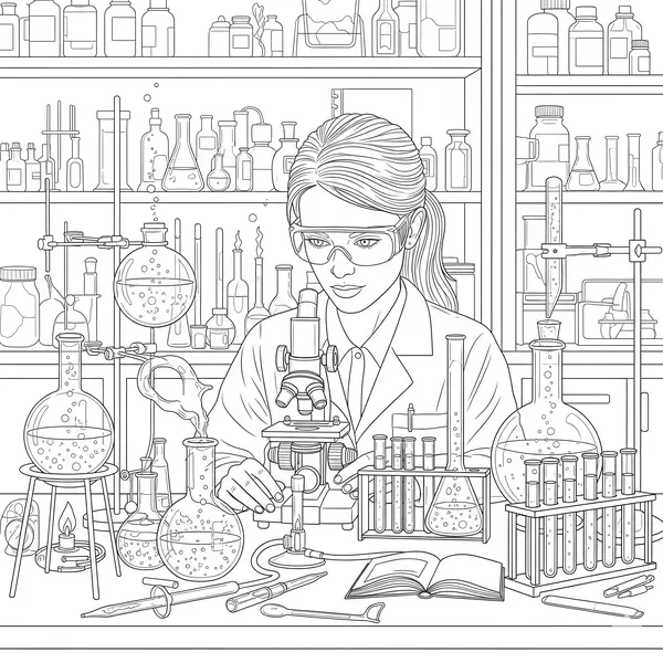 Scientist in a detailed lab with chemistry equipment