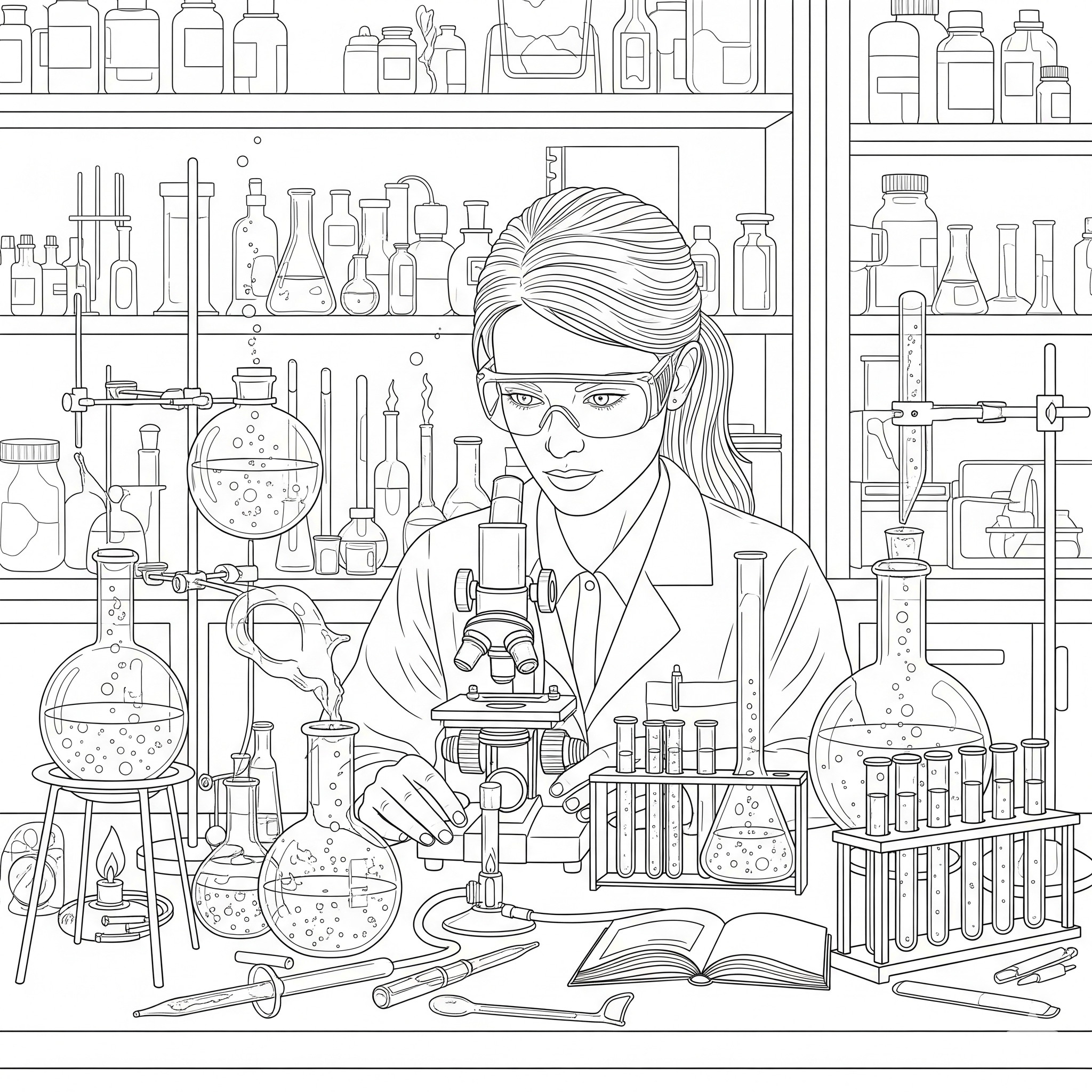 Científica en un laboratorio detallado con equipo de química