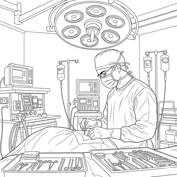 Focused surgeon under an operating room lamp with medical equipment