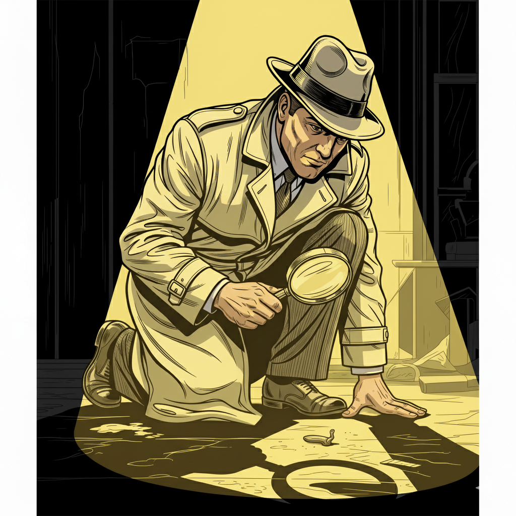 Escena de detective coloreada con un estilo noir, de altos contrastes