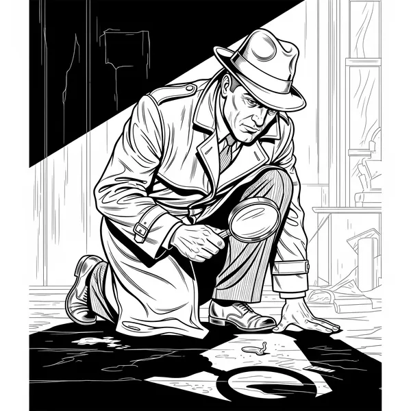 Detective in a trench coat with a magnifying glass examining clues in a dark room