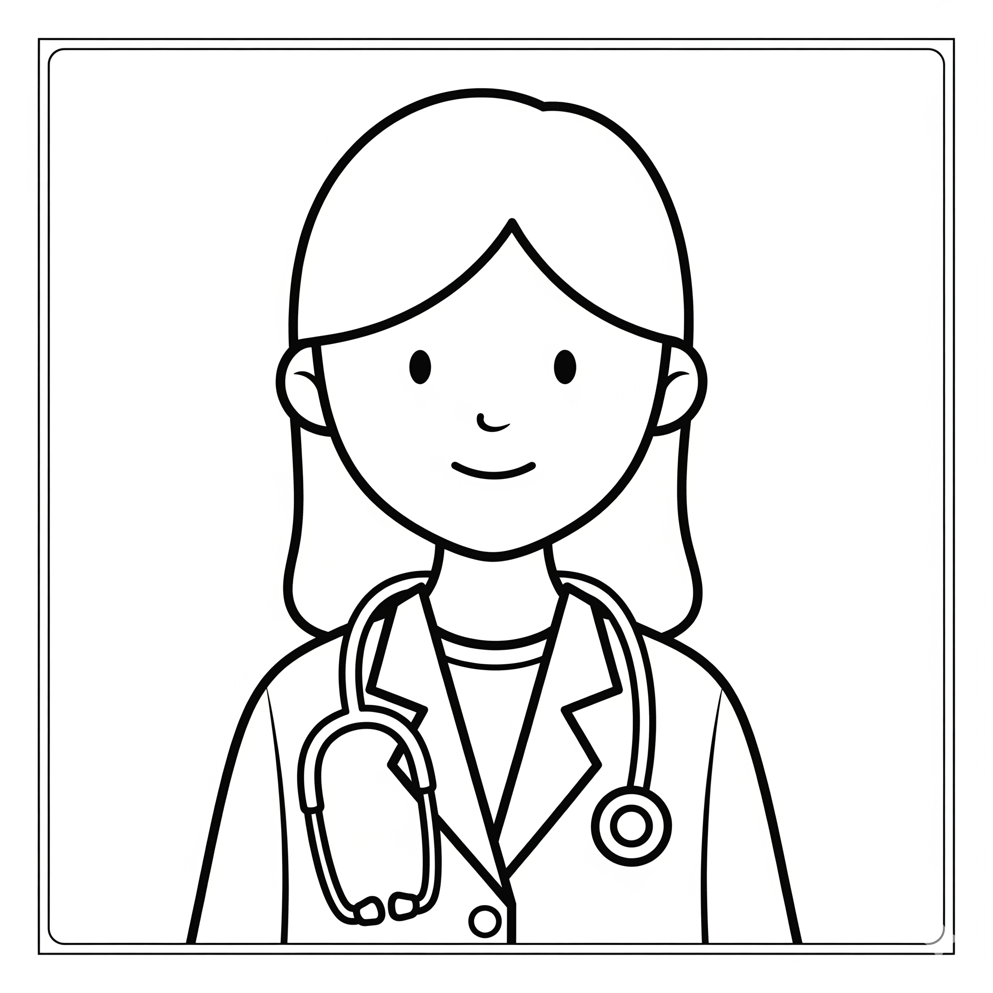 Doctora de caricatura con bata y estetoscopio, de líneas gruesas
