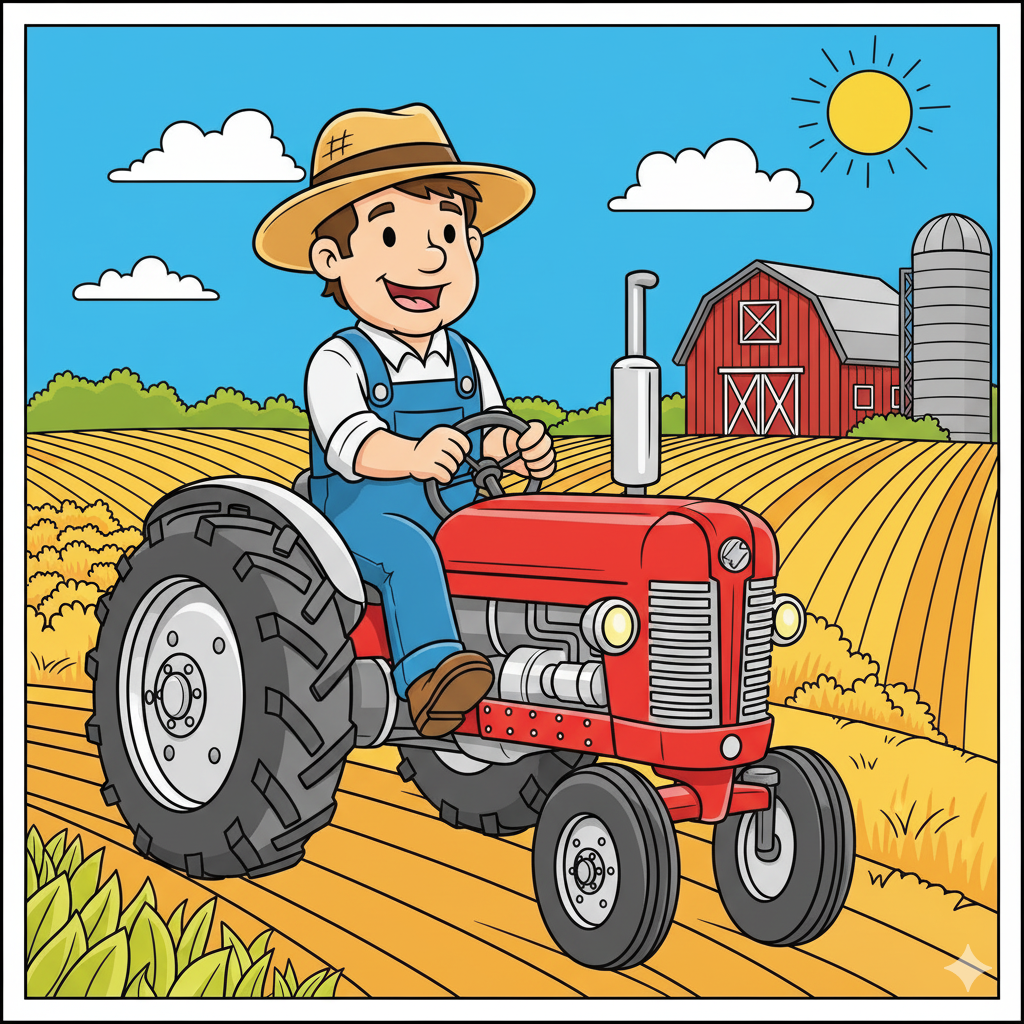 Granjero en tractor coloreado con un granero rojo y campo verde