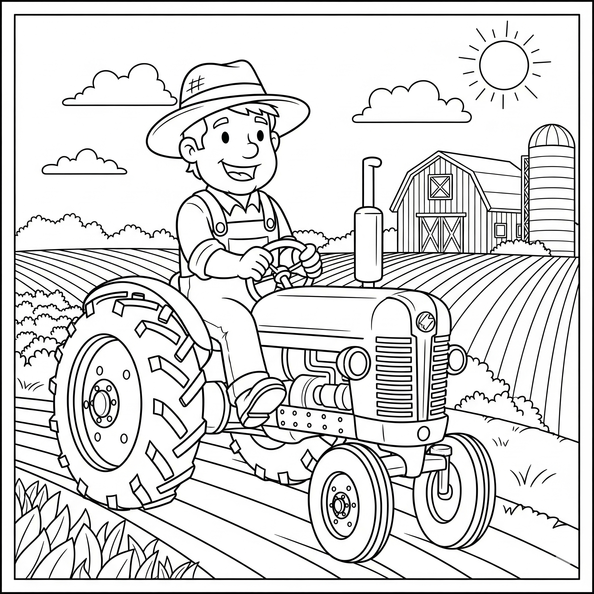 Granjero conduciendo un tractor en un campo con un granero