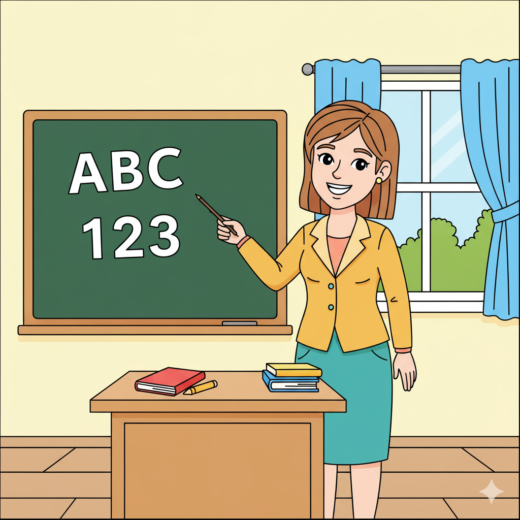 Maestra coloreada con ropa colorida en un aula