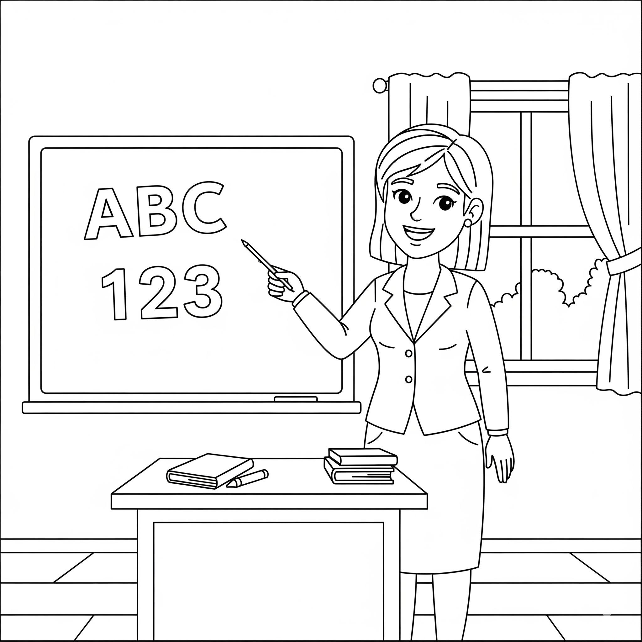 Maestra con un puntero frente a una pizarra con 'ABC' y '123'