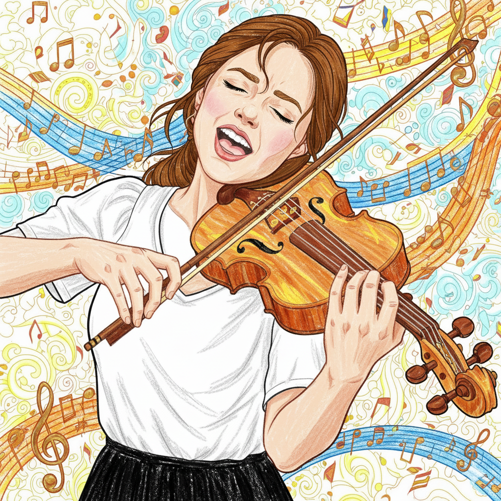 Violinista coloreado con un violín de madera brillante y traje elegante