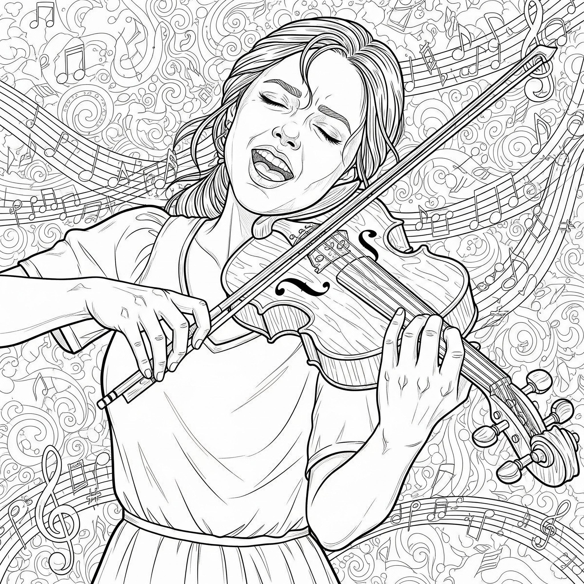 Violinista tocando un violín detallado con expresión concentrada