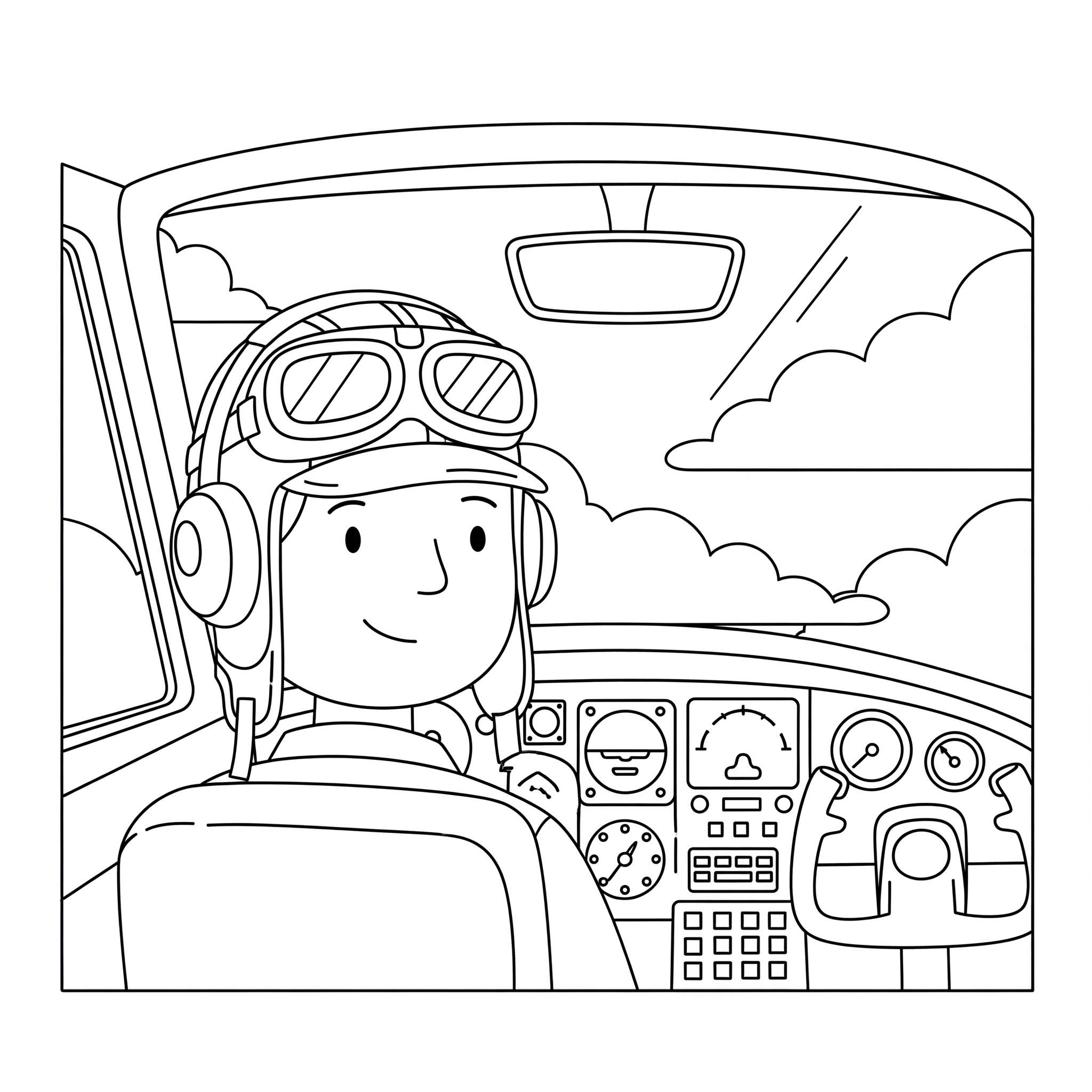 Piloto con gorra y auriculares en una cabina de avión detallada