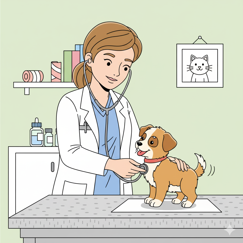Veterinario coloreado con uniforme verde y un cachorro marrón