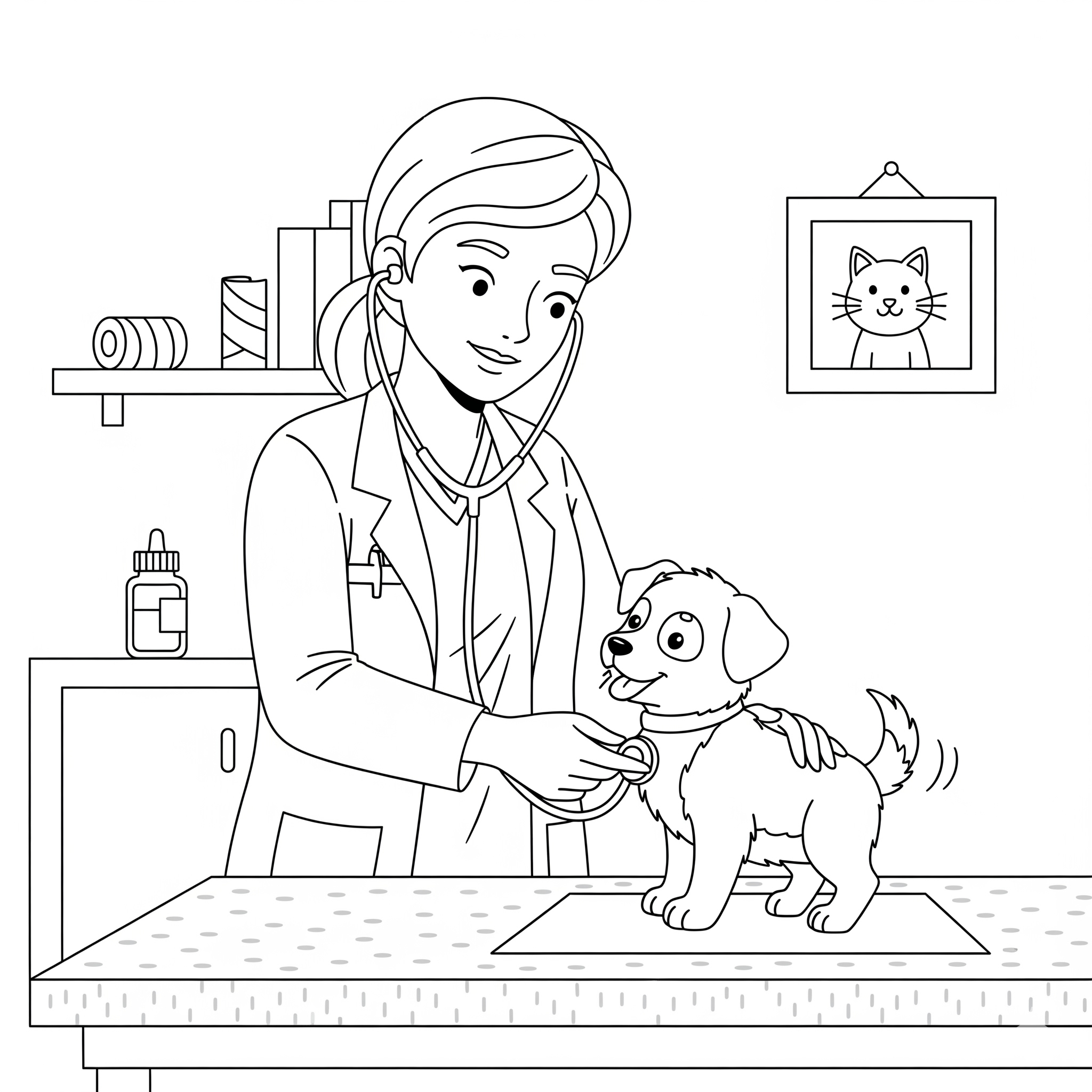 Veterinario escuchando el corazón de un cachorro sobre una mesa