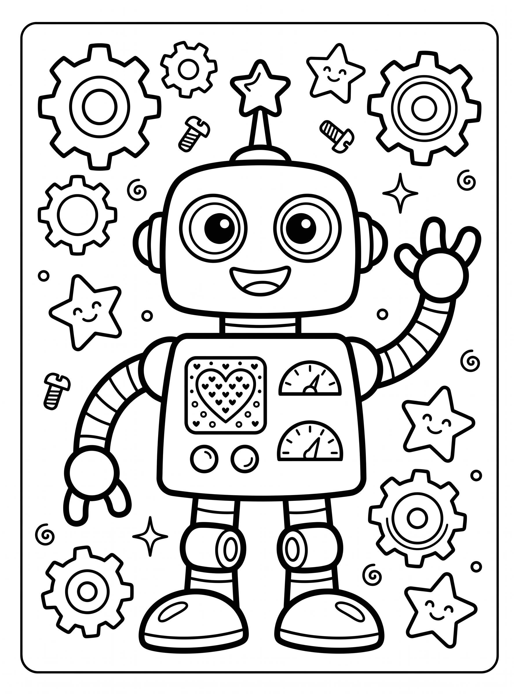 Friendly Robot with Gears and Stars coloring page