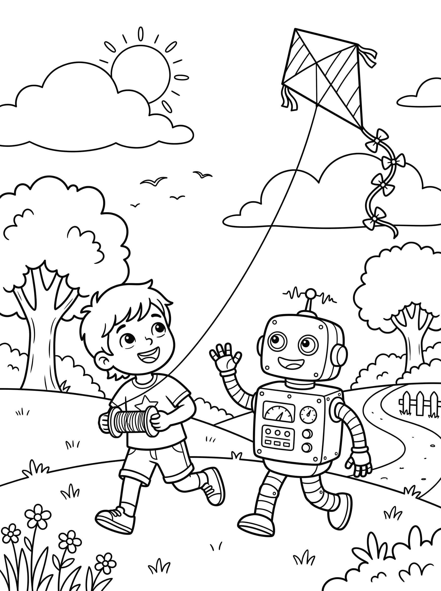 Robot and Kid Flying a Kite coloring page