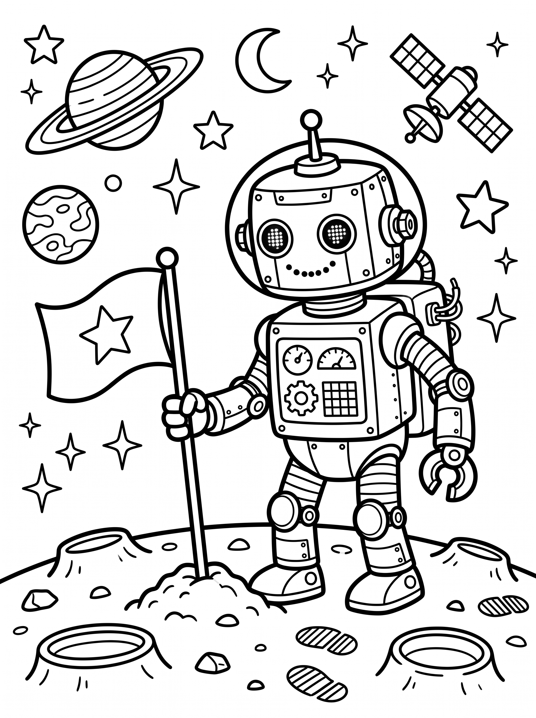 Robot Astronaut on the Moon coloring page