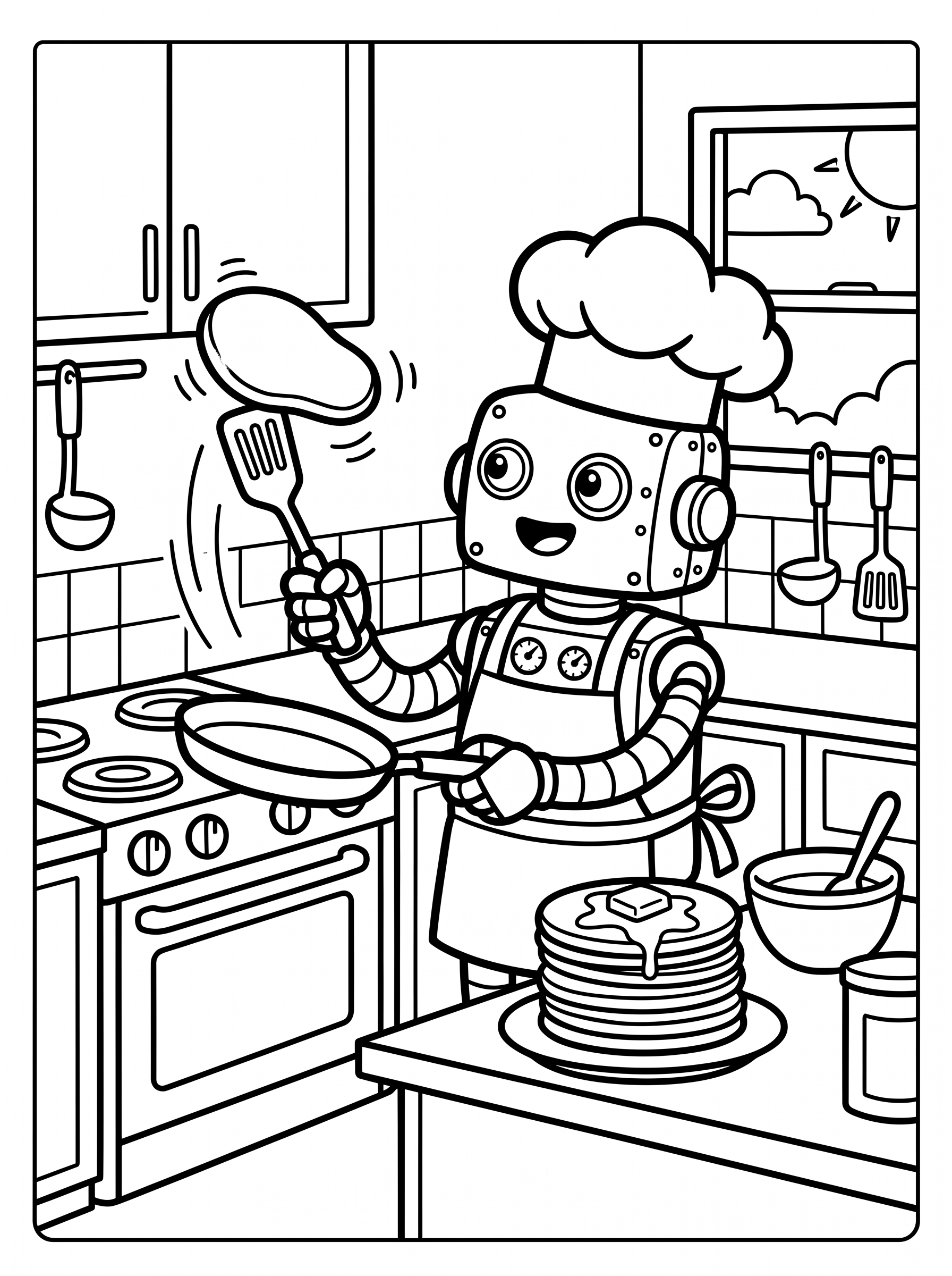 Robot Chef Flipping Pancakes coloring page