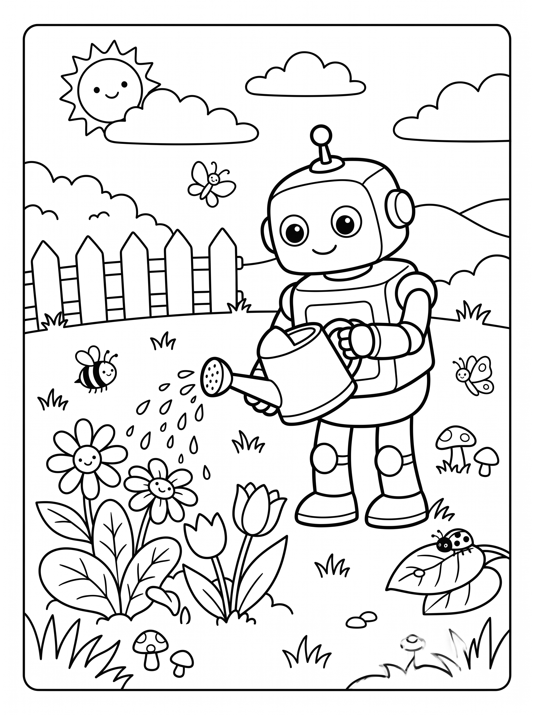 Robot Gardener Watering Flowers coloring page