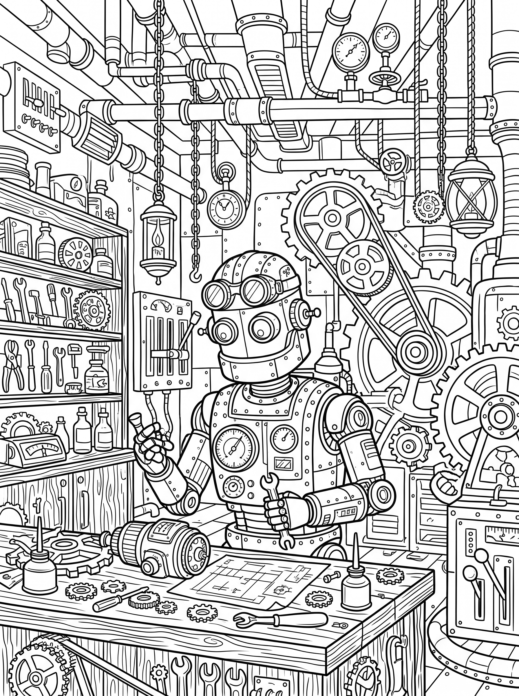 Steampunk Robot Workshop coloring page