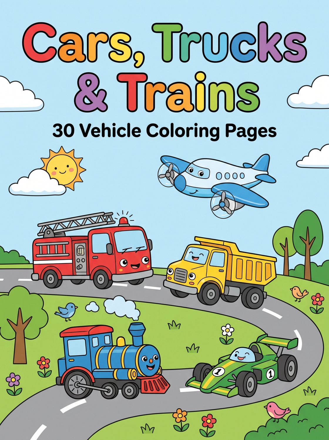 Cars, Trucks & Trains printable coloring book cover