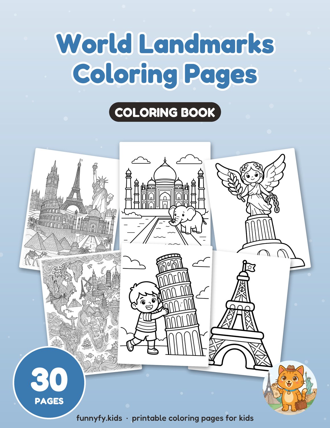 World Landmarks printable coloring book cover