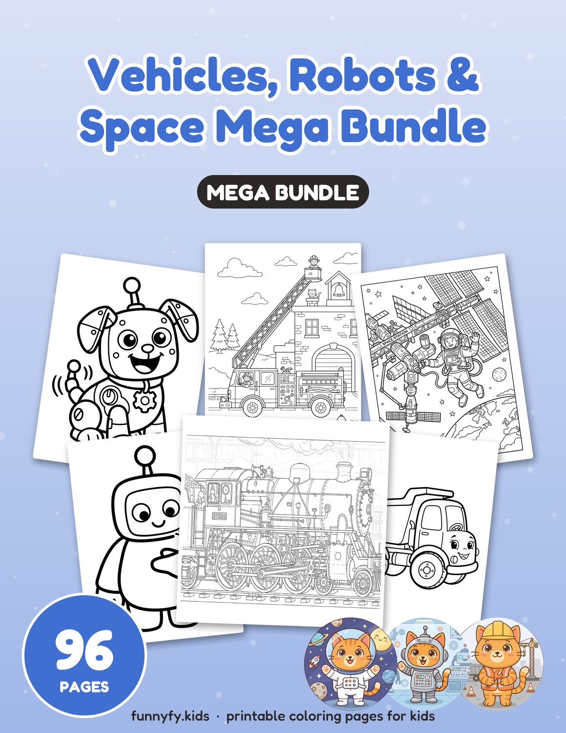 Vehicles, Robots & Space printable coloring book cover