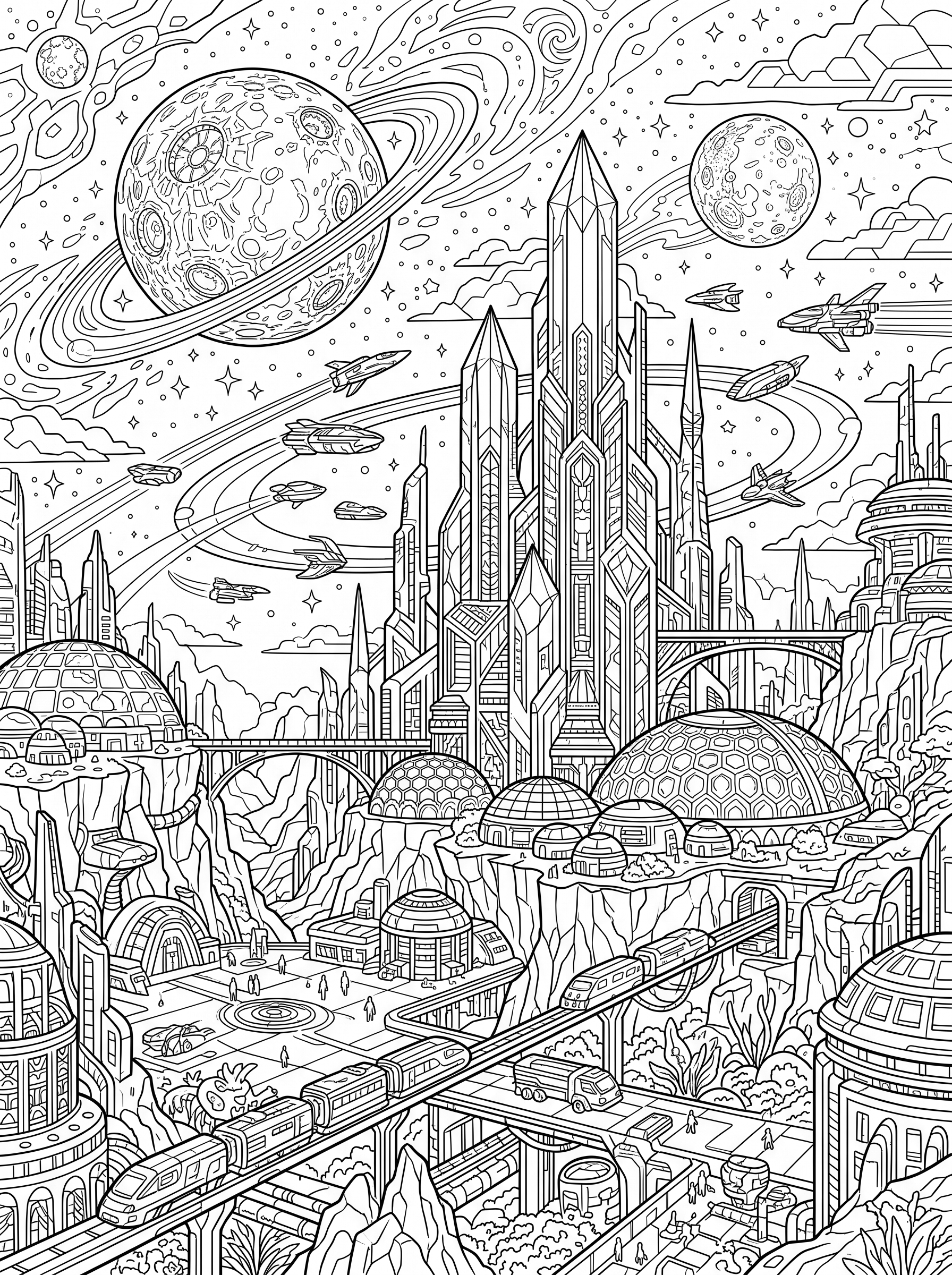 Futuristic Alien City coloring page