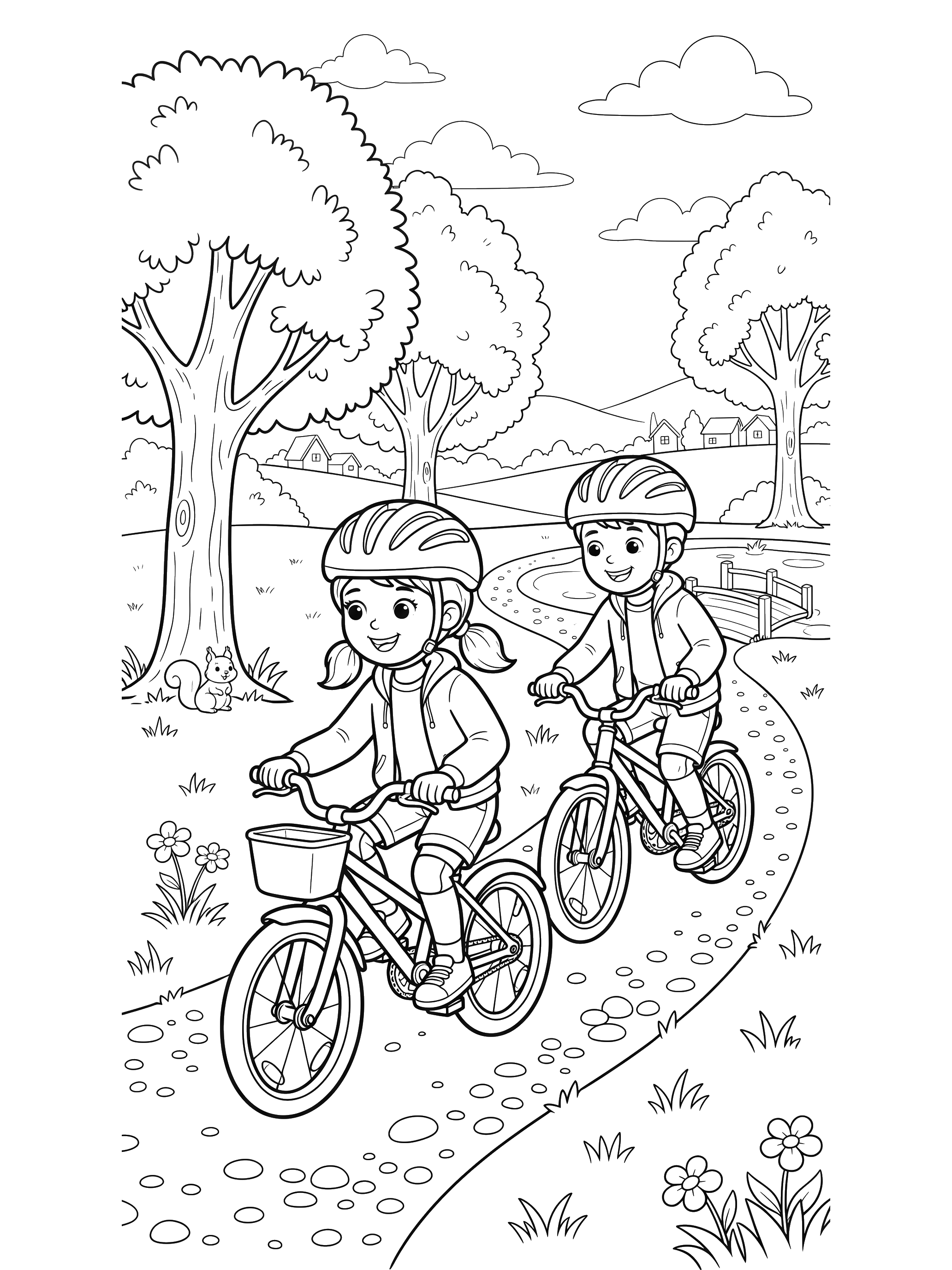 Kids Riding Bikes coloring page