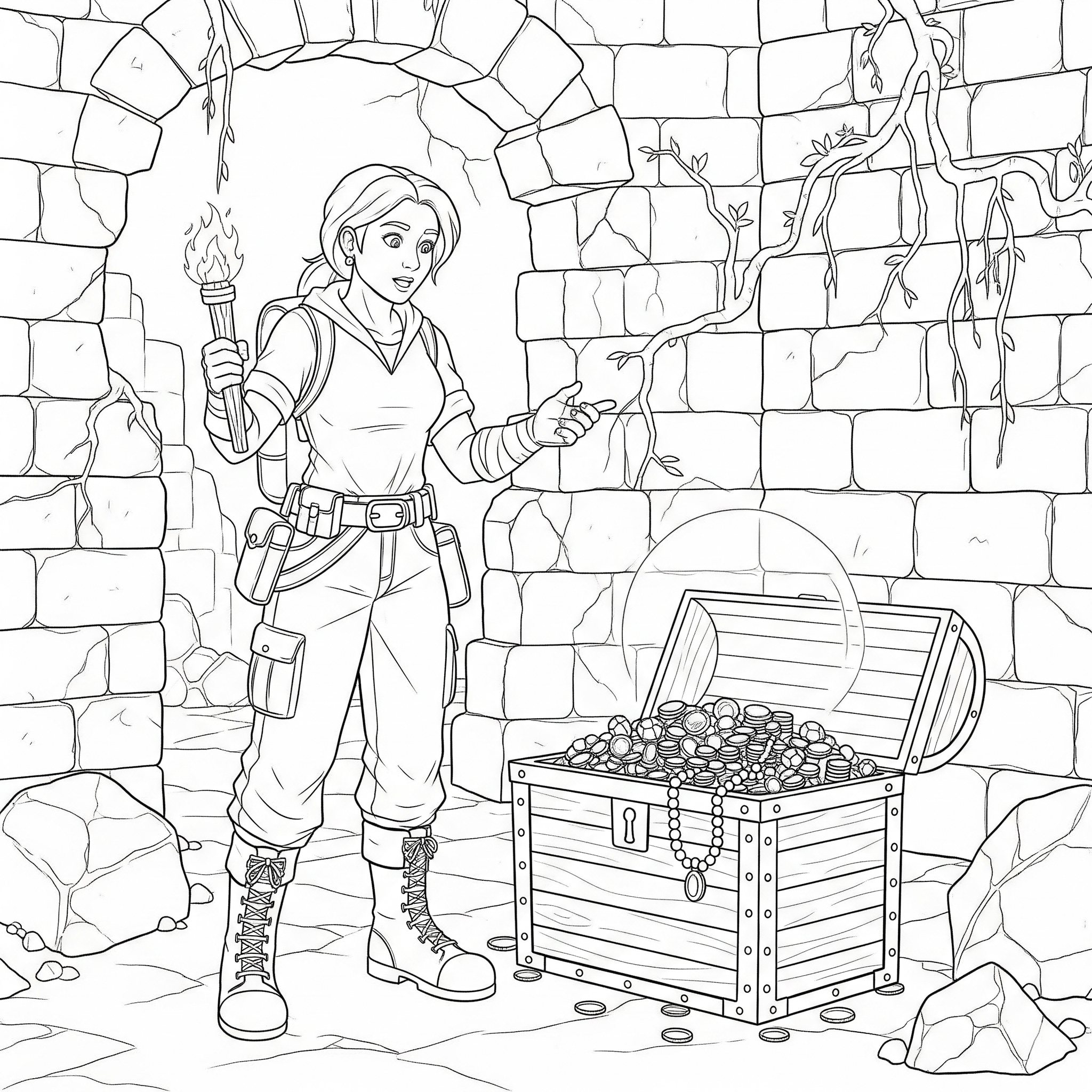 Aventurera con antorcha junto a un cofre del tesoro en unas ruinas