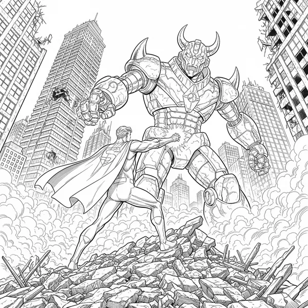 Superhero fighting a giant robot in a destroyed city