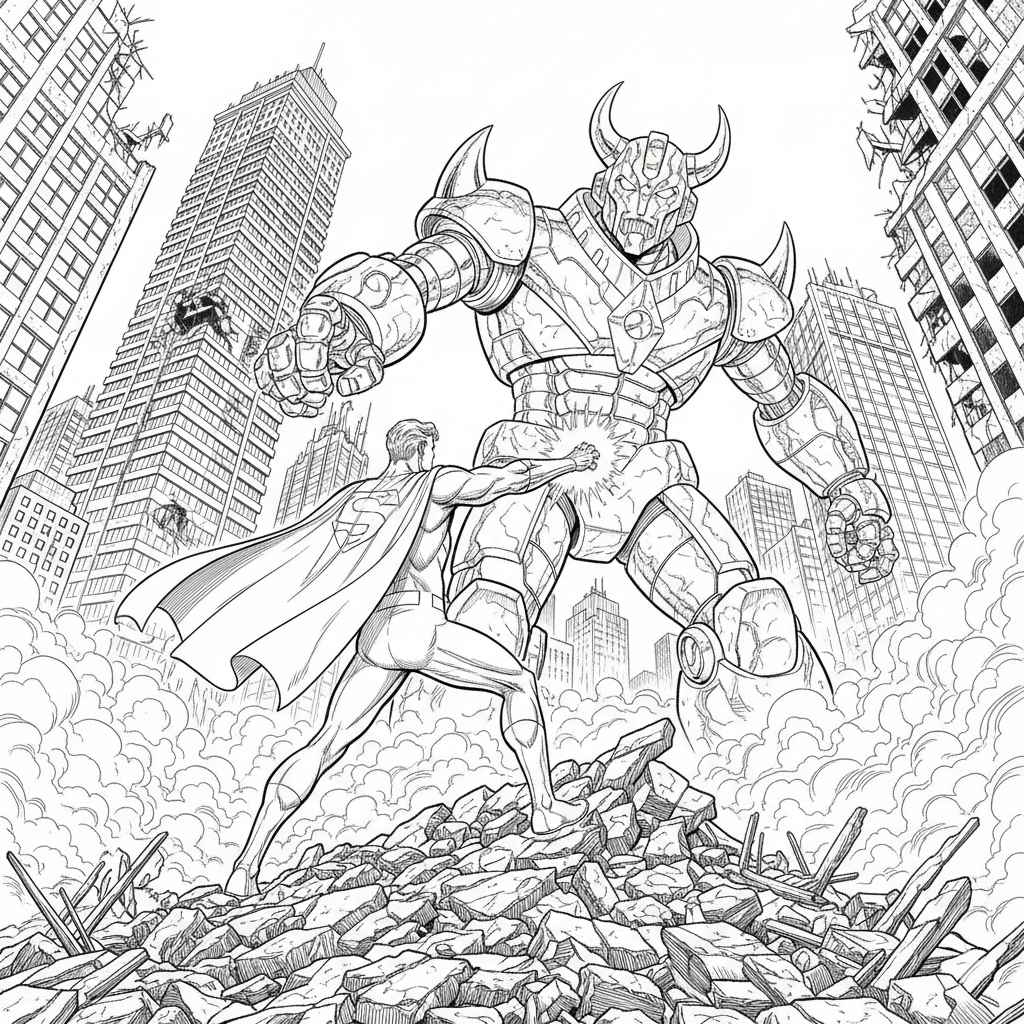 Superhéroe luchando con un robot gigante en una ciudad destruida