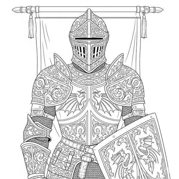 Knight in armor covered in engravings and filigree, to color