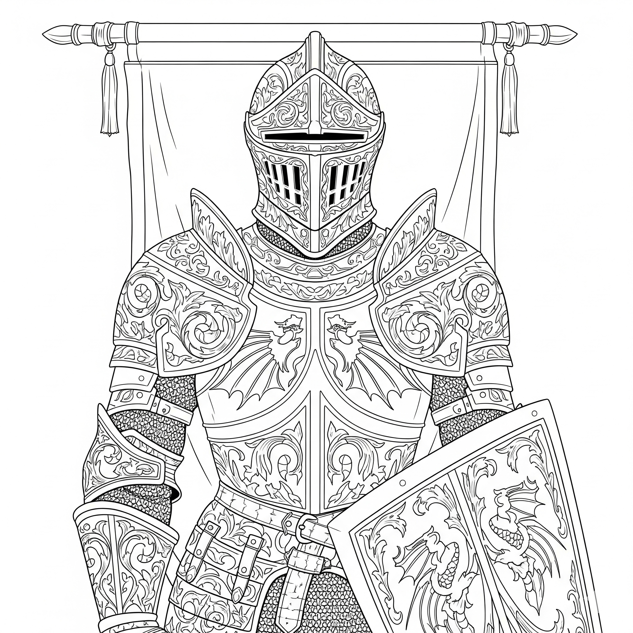 Caballero con armadura llena de grabados y filigranas, para colorear