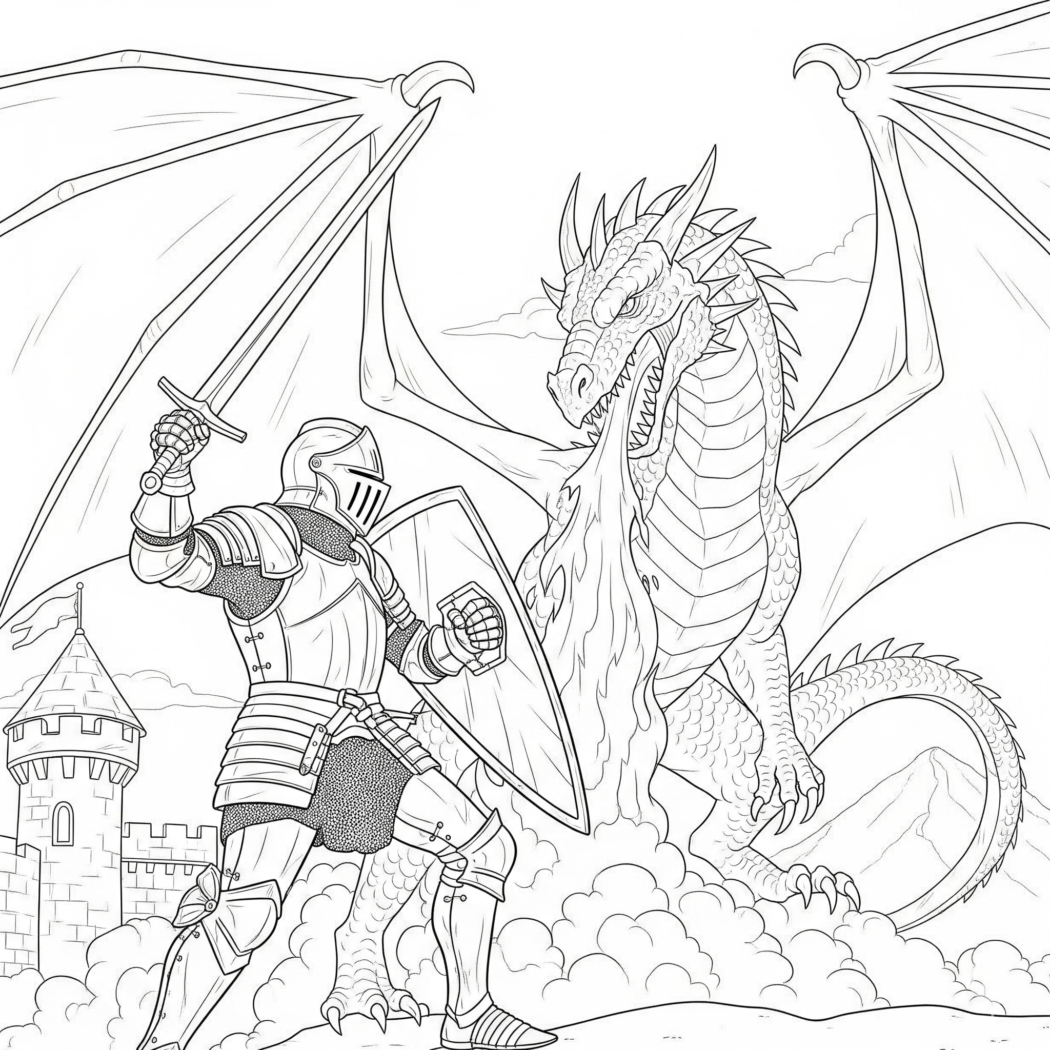 Caballero con espada y escudo enfrentando a un dragón