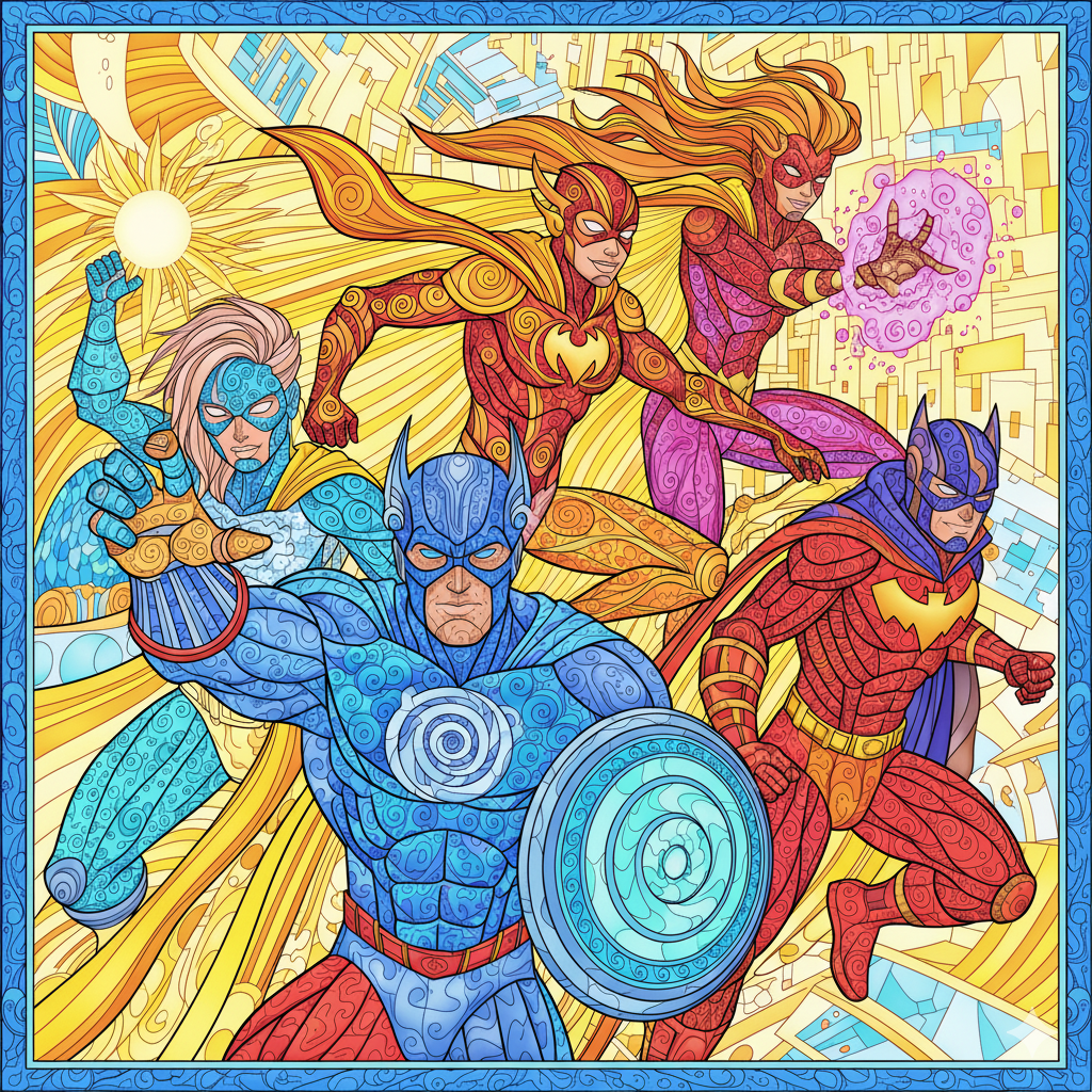 Equipo de superhéroes coloreado con una variedad de trajes vibrantes