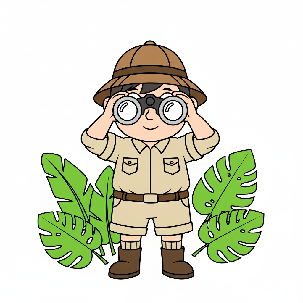 Explorador coloreado con ropa de safari en tonos caqui y verde