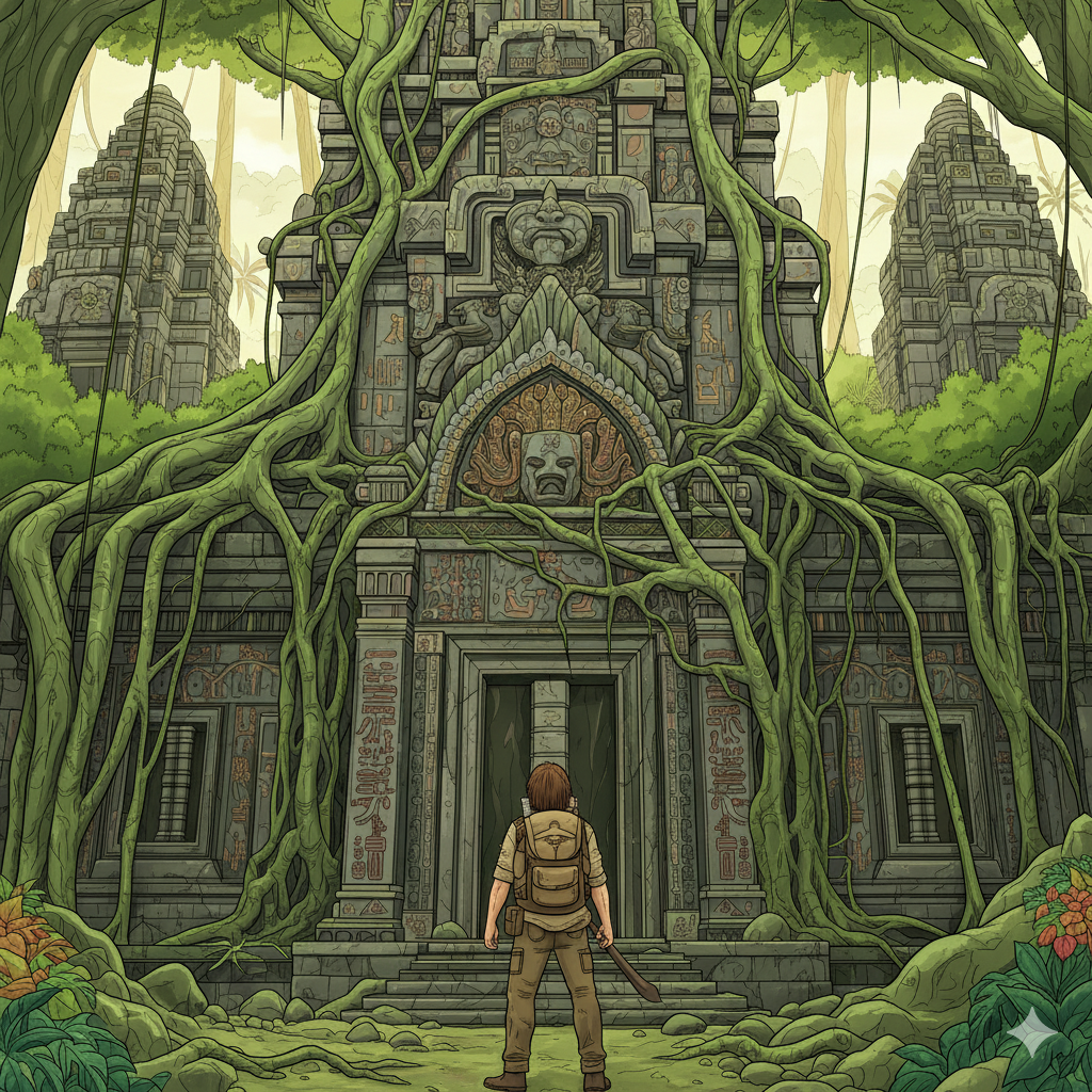 Escena de explorador coloreada con tonos de piedra y jungla