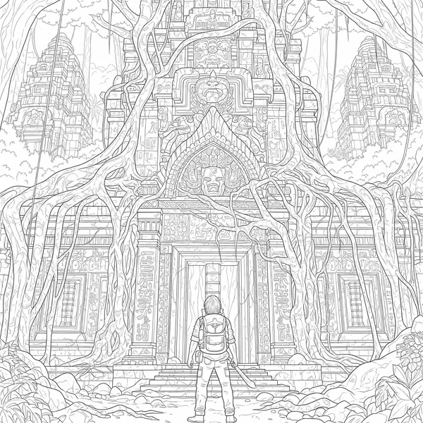 Explorer looking at a highly detailed ancient temple covered in vegetation