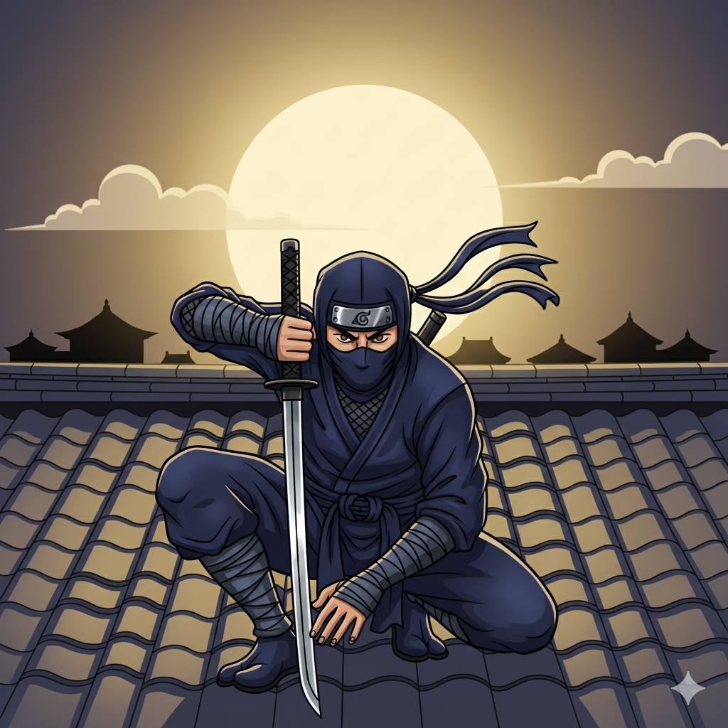 Ninja coloreado con traje negro y detalles en rojo oscuro