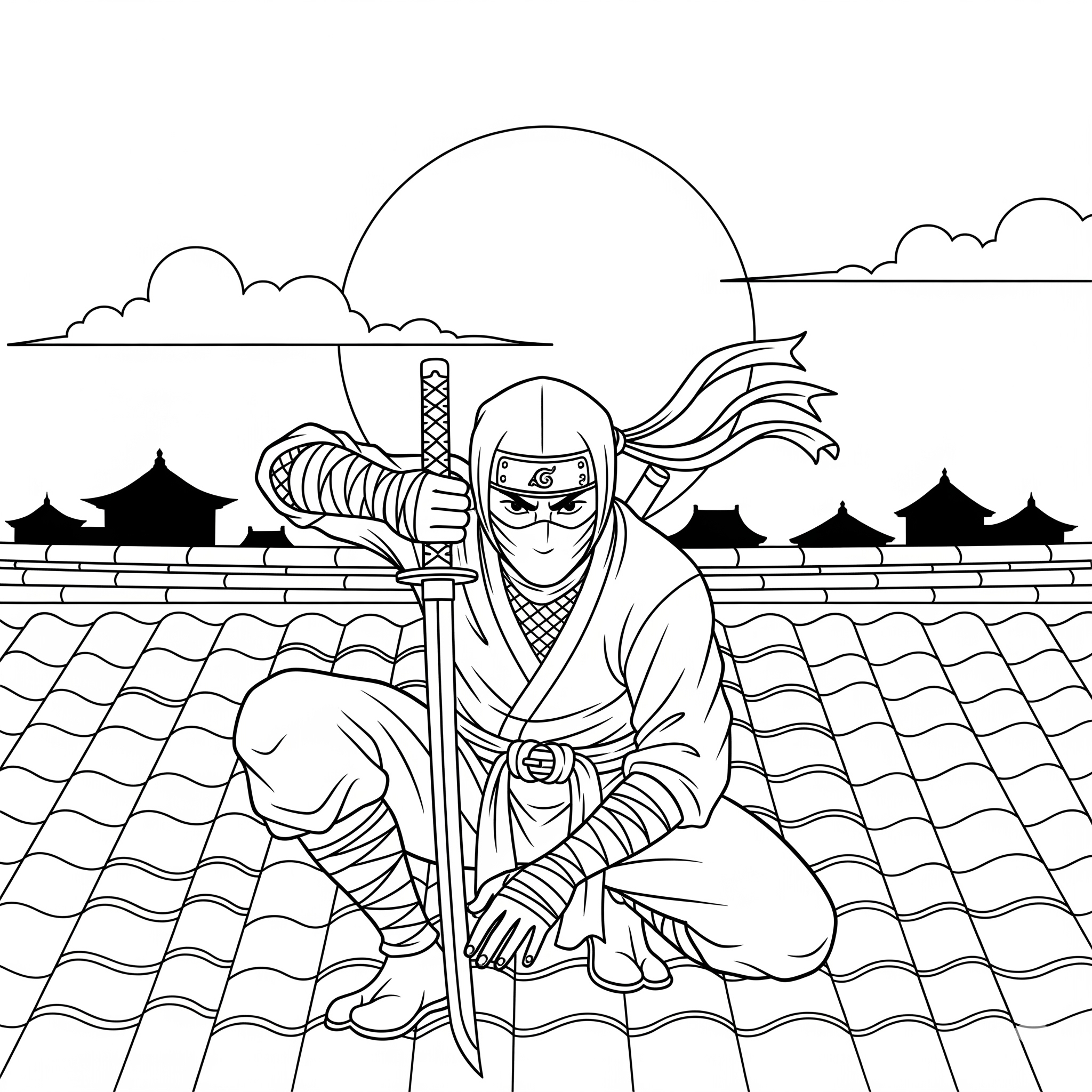 Ninja en pose de cuclillas con una espada katana, para colorear