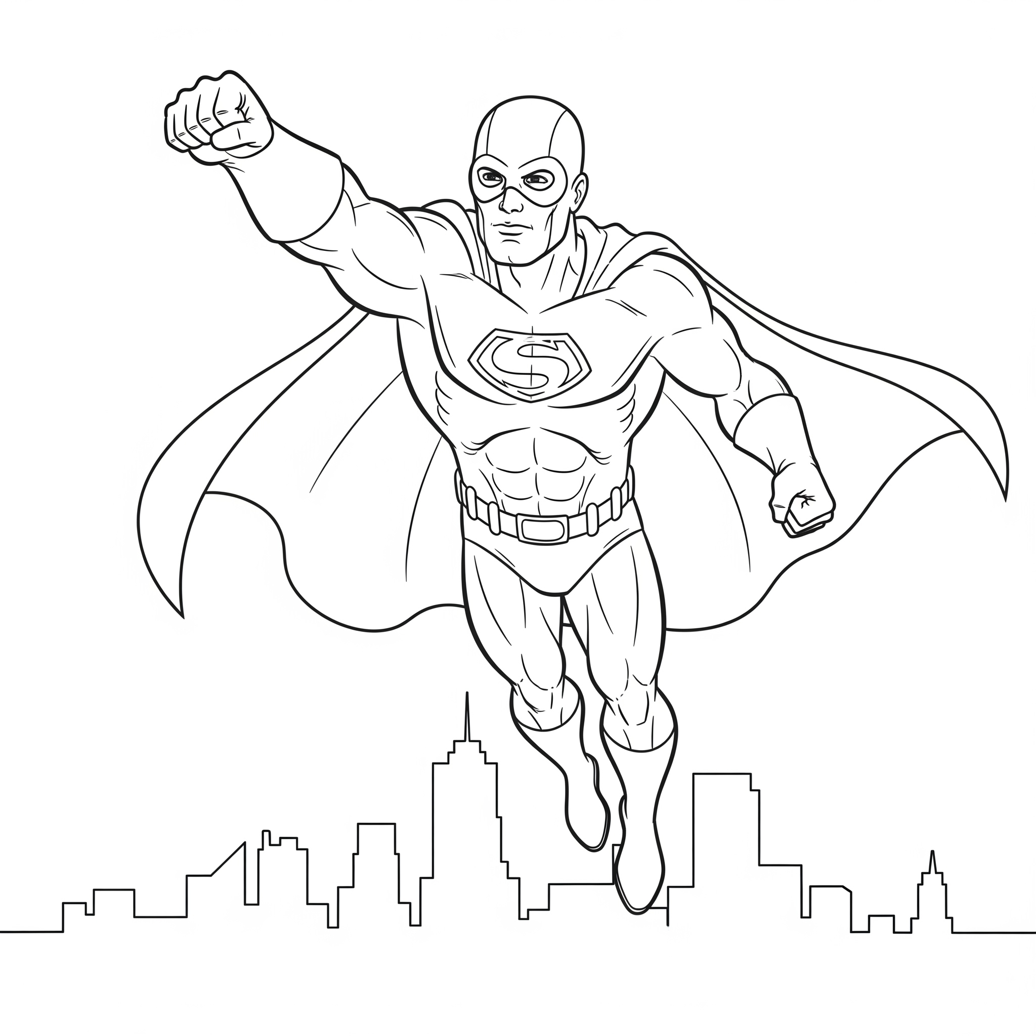 Superhéroe en pose de vuelo sobre silueta de edificios, para colorear