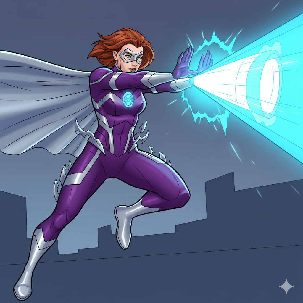 Superheroína coloreada con traje vibrante y efectos de energía brillantes